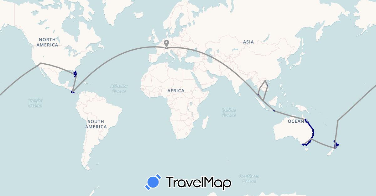 TravelMap itinerary: driving, plane, boat in Australia, Switzerland, Costa Rica, Fiji, Indonesia, New Zealand, Singapore, Thailand, United States, Vietnam (Asia, Europe, North America, Oceania)